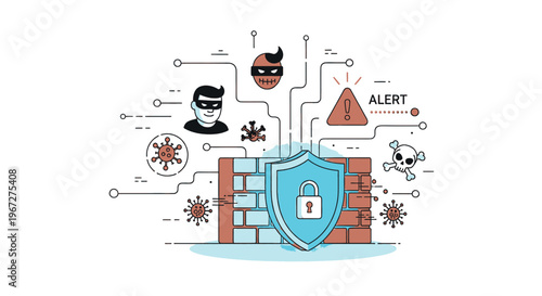 Cybersecurity concept with firewall shield and digital threats.