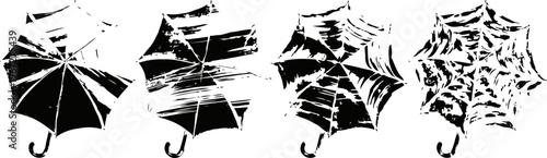 black umbrella with spider web pattern transforming through stages of opening and closing