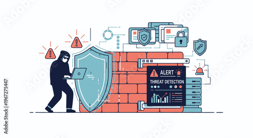 Cybersecurity threat detection and firewall protection against hacker attack.