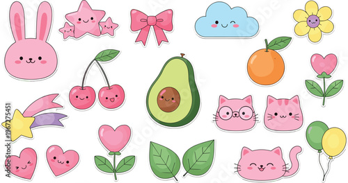Cute Kawaii Sticker Icon Set Featuring Fruits Animals Hearts Flowers and Pastel Elements for Fun Kids Cartoon Design Collection
