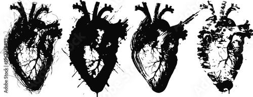 Four black and white anatomical human hearts in varying ink blot styles on white background