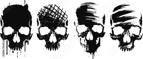 Grunge skulls illustration set four black ink styled human skulls with abstract paint stroke and splash effects