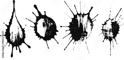 Abstract black ink splatters on white background, paint blot stains, artistic grunge design elements