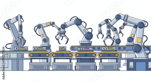 Automated Robotic Arms on Conveyor Belt in Modern Factory.