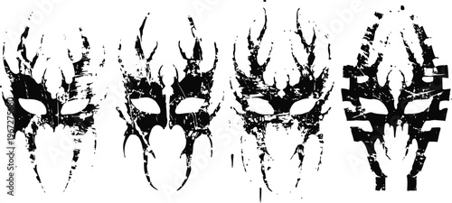Four black and white abstract tribal mask designs with fierce expressions and sharp shapes