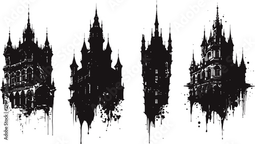 black gothic castle silhouettes grunge ink splatter fantasy towers and spires set dark fairy tale haunted building shapes
