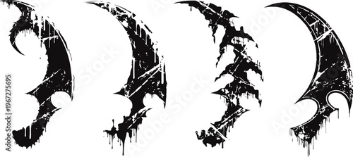 Grunge black fantasy weapons set with sharp blades and jagged edges, dark medieval weapon designs collection