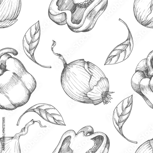 Seamless pattern of the bell peppers. Vector ink styled handmade illustration. For packaging design, cards, cover, prints, product labels and fabric.