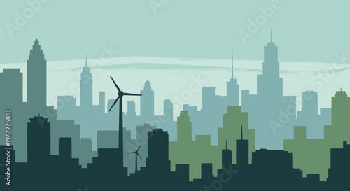 Modern city skyline with prominent wind turbines for sustainable energy.