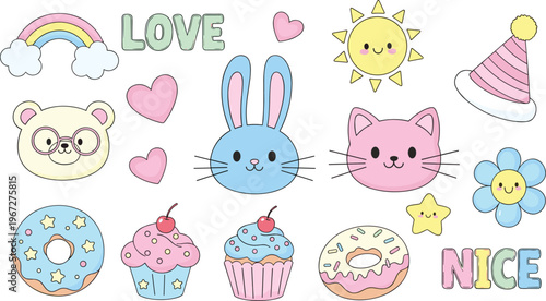 Fotografi Cute Kawaii Sticker Icon Set Featuring Animals Donuts Cupcakes Rainbow Sun and F