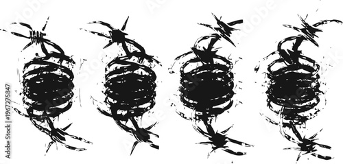 Barbed wire fence abstract pattern black silhouette rough sketched sharp wire elements in row
