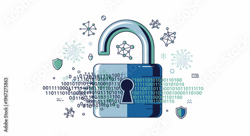 Unlocking Digital Security - Padlock with Binary Code and Network Connections.