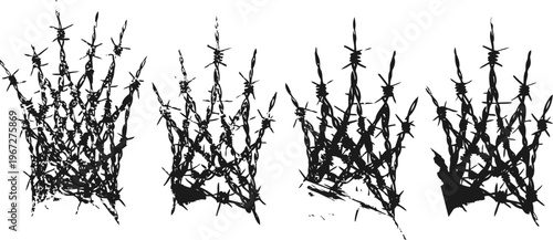 Barbed wire fence silhouettes in different styles isolated on white background