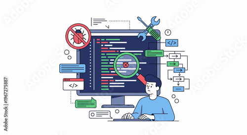 Programmer debugging code on computer screen with tools and bug icon.