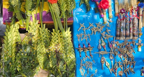 Canvas Print Palm Sunday palms, marketplace for selling palms for the Catholic celebration of