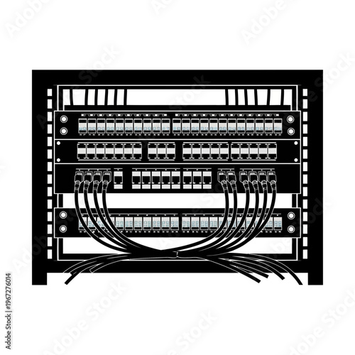 Network rack with patch panels and connected cables for data transfer.