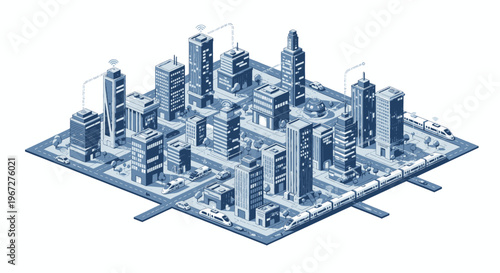 Isometric Smart Cityscape with Modern Skyscrapers and Digital Connections.