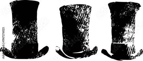 three vintage black top hats with textured grunge isolated on white