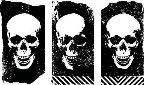 Grunge skull illustrations set of three distressed black and white human skulls with textured background and striped accents