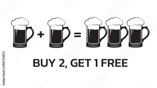 Beer mugs illustration with foam and the text 'BUY 2, GET 1 FREE' symbolizing a promotion for drinks.