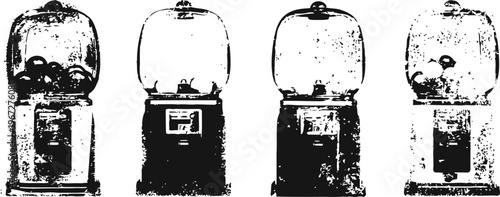 Four vintage gumball machines in black and white silhouette row