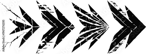 Set of four black arrow symbols showing various grunge distressed textures and directional styles