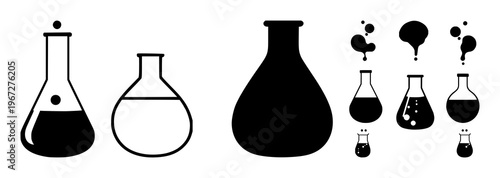 Lab beaker set with solid black icon on white background featuring chemical symbols, liquid, graduation marks with flask and solution