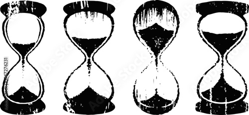 four vintage hourglasses with flowing sand on white background retro time measurement, antique timer icons