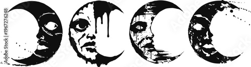 four phases of a crescent moon with artistic human face illustrations and textured shading