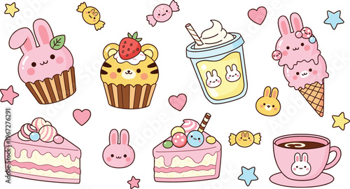 Cute Kawaii Dessert Icon Set Featuring Bunny Tiger Cupcakes Ice Cream Coffee and Sweet Characters for Fun Cartoon Food Design Collection