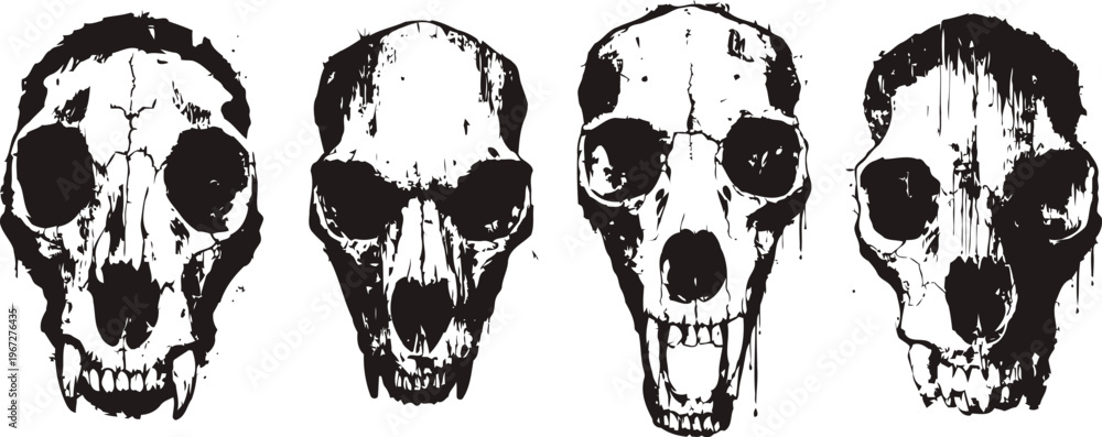 Fototapeta premium four black and white animal skull illustrations with distinct facial structures isolated on white