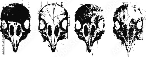 Abstract black bird skull silhouettes arranged in a row on white background