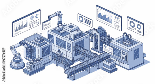Isometric Smart Factory Automation with Robotic Arms and Machines.