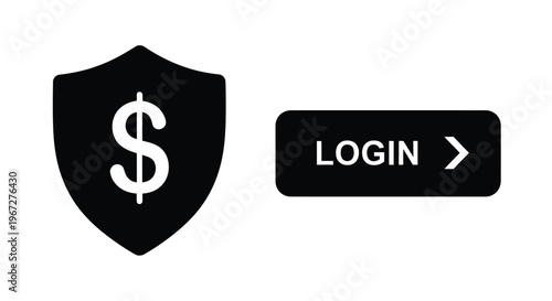 Security shield with dollar sign and login button on transparent background silhouette