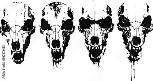 grunge animal skulls with dripping paint effect set of four dark, spooky, abstract skull illustrations on white background