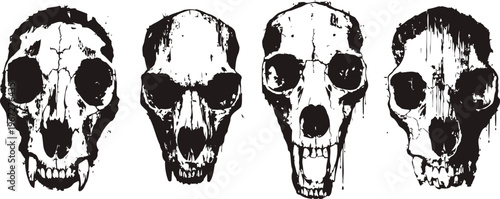 four black and white animal skull illustrations with distinct facial structures isolated on white