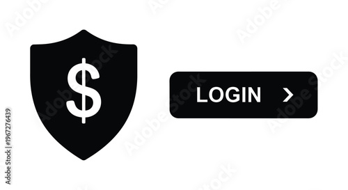 Security shield with dollar sign and login button on transparent background silhouette
