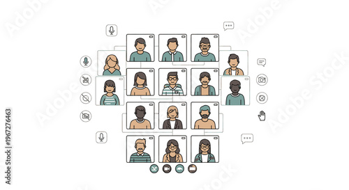 Diverse group of people connected in a social network grid.