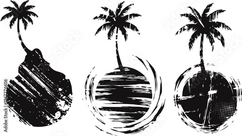 Grunge palm tree silhouettes with textured circle backgrounds tropical summer design elements