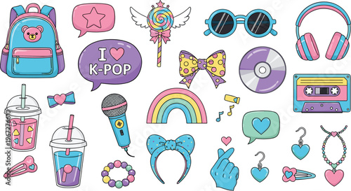 Cute Kawaii K Pop Icon Set Featuring Music Accessories Drinks Headphones and Trendy Elements for Fun Cartoon Design Collection