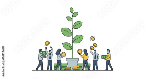 People investing in a growing plant symbolizing financial growth and business development.