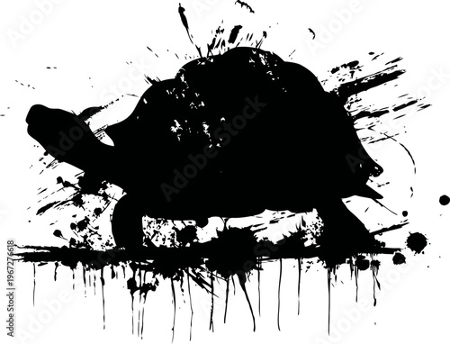 turtle silhouette with splattered ink blotch background in black and white grunge