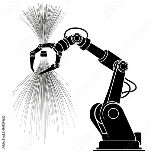 Robotic arm precisely manipulating fiber optic cables for advanced technological applications.