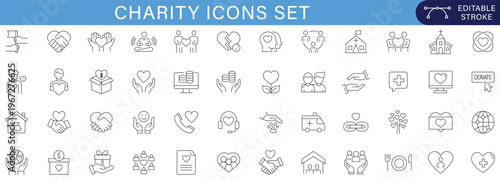 Charity line icons set editable stroke outline donation support humanitarian healthcare volunteer community help symbols nonprofit social care UI UX web vector icon pack collection