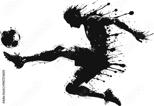 dynamic soccer player kicking ball silhouette with splash paint effect in action pose