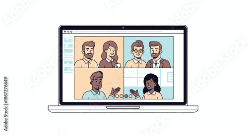 Diverse group of people in a video conference call on a laptop screen.