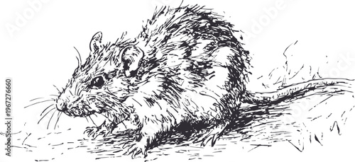Detailed black and white ink illustration of a wild rat sitting on the ground, vintage
