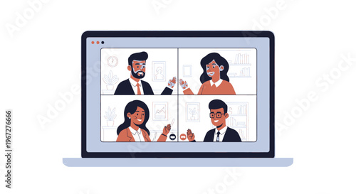 Diverse business team collaborating remotely on a video conference call.