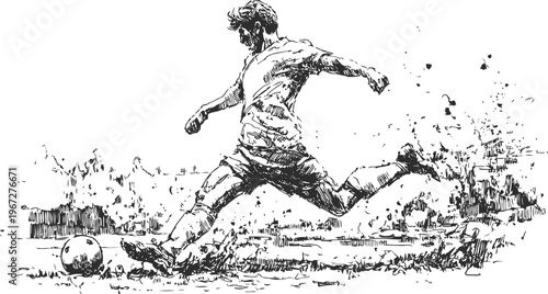 Dynamic soccer player kicking ball with intense motion effect and stadium background