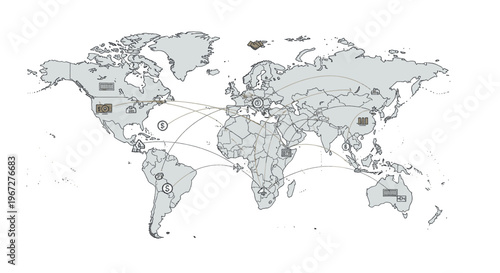World map with interconnected global network and data flow.